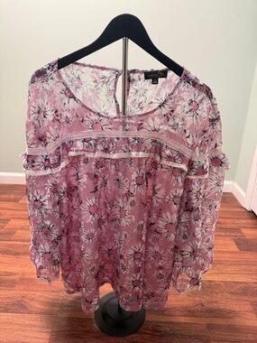 Suzanne Betro Pink Floral Ruffle Yoke Blouse
